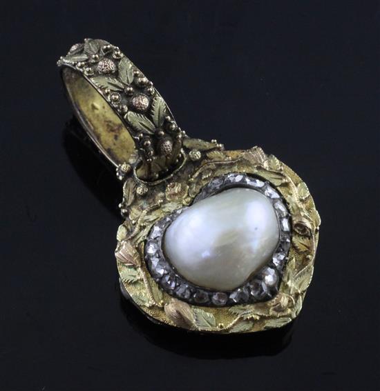 A 19th century three colour gold, baroque pearl and rose cut diamond set heart shaped pendant locket, 1.5in.